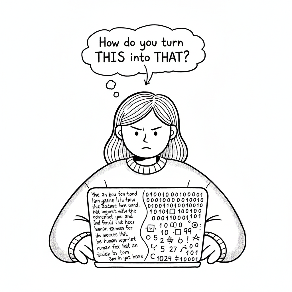 Illustration showing the challenge of converting human language into numbers that computers can process